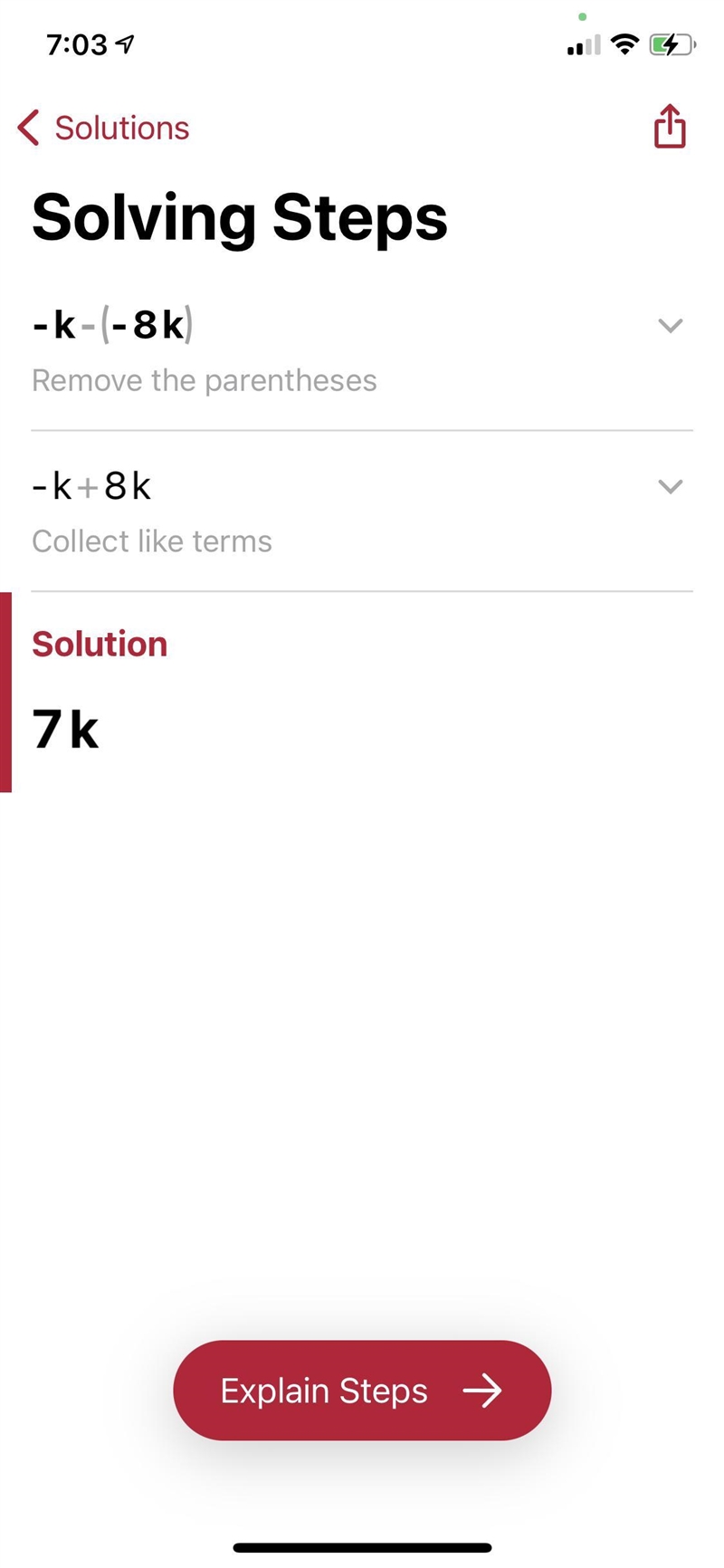 Combine the like term to create an equivalent expression: -k - (-8k)-example-1