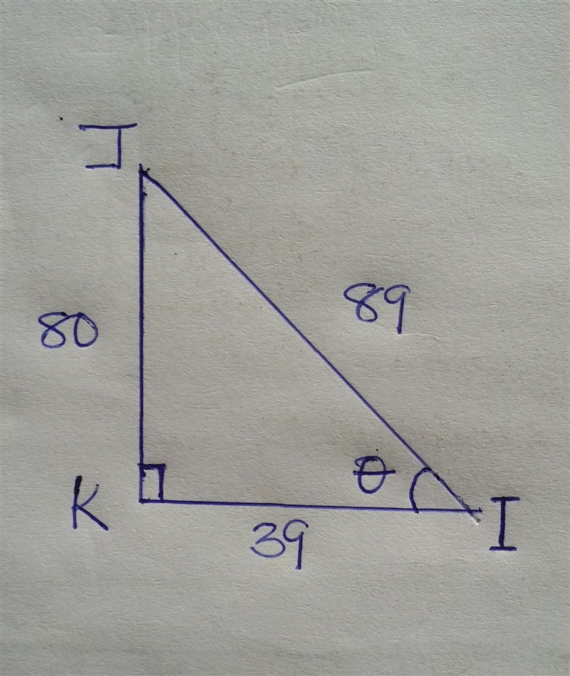 In triangle IJK, the measure of angle K is 90, IK= 39, JI = 89 and KJ= 80. What ratio-example-1