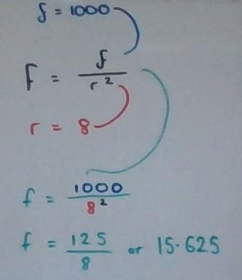 Using the formula below, find F, when f = 1000 and r = 8 Give your answer as a decimal-example-1