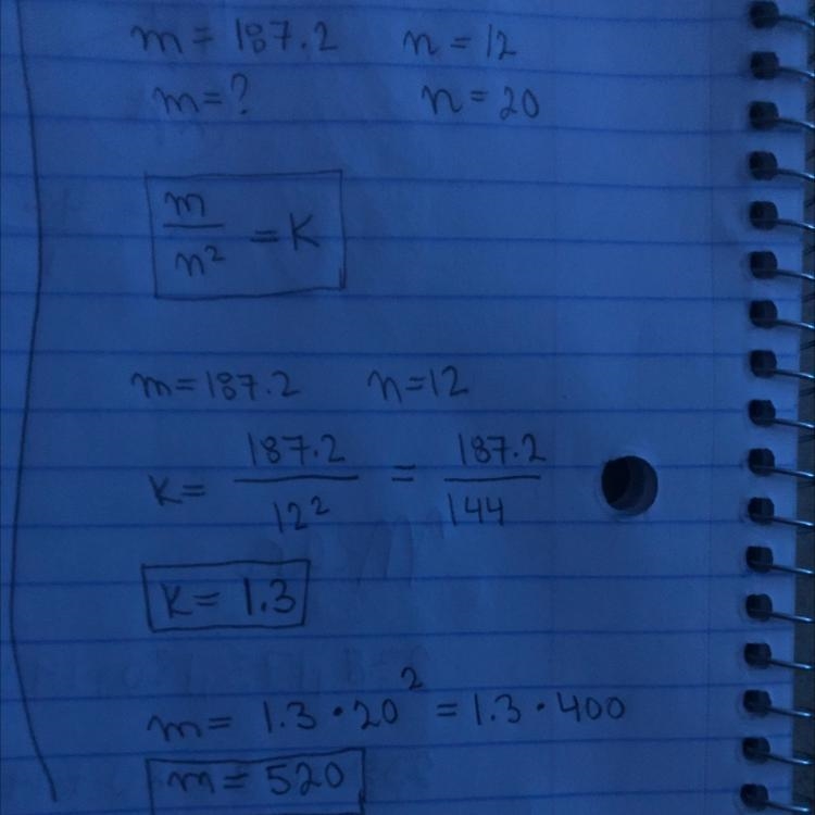 Suppose m varies directly as the square of n. If m = 187.2 when n = 12, what is m-example-1