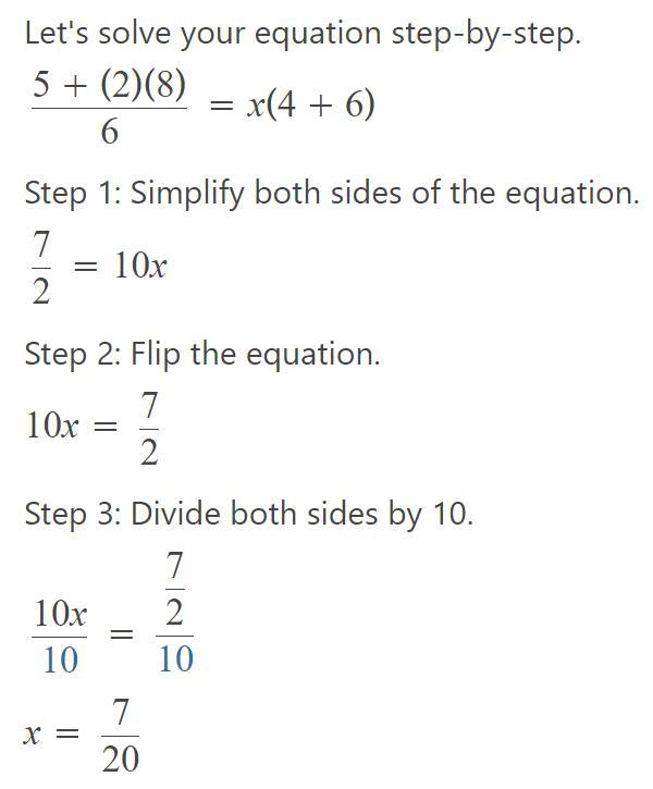 (5+2×8)/6=x(4+6) what is the value of x ?​-example-1