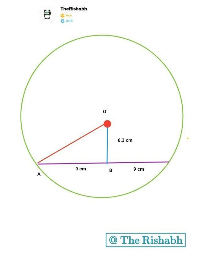 7 A chord of a circle is 18 cm long. It is 6.3 cm from the centre of the circle Calculate-example-1