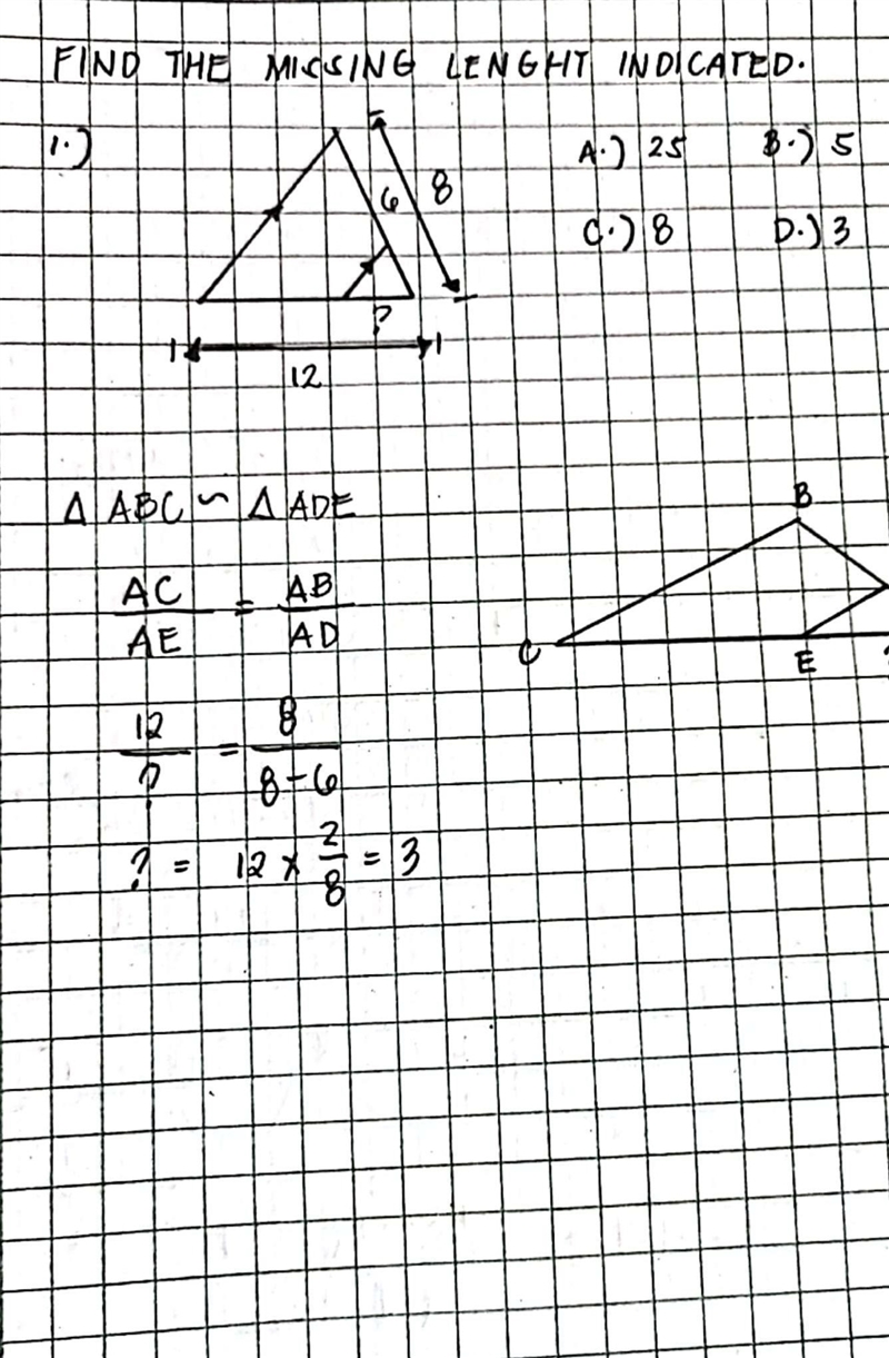 Find the missing length indicated A) 25 B) 5 C) 8 D) 3 Please help!-example-1