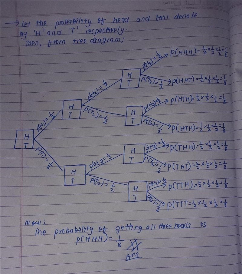 a coin is tossed succesively three times times . determine tje probabiliy of getting-example-1