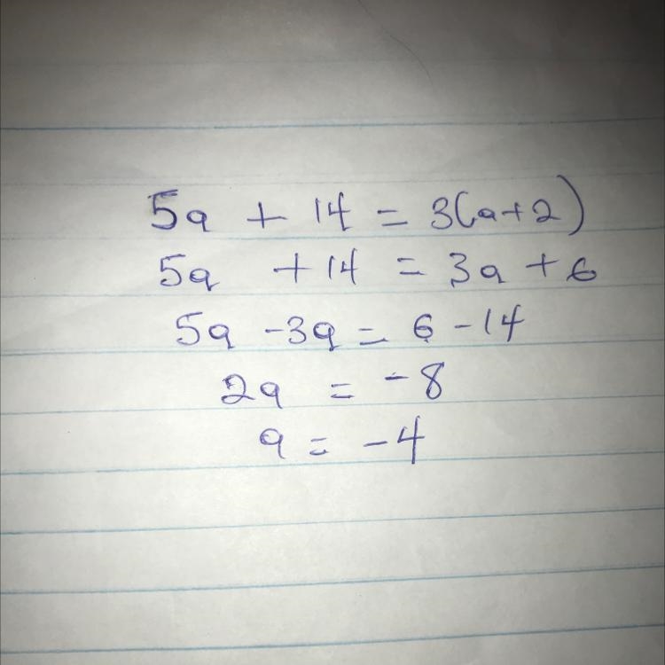 What is 5a +14=3(a +2)​-example-1