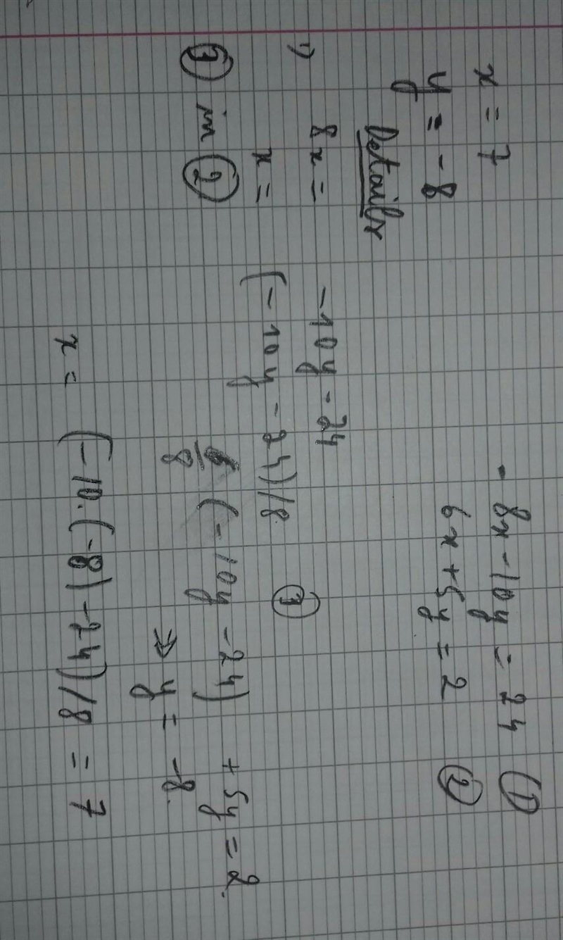 Solve the following system using elimination tech -8x-10y=24 6x+5y=2-example-1