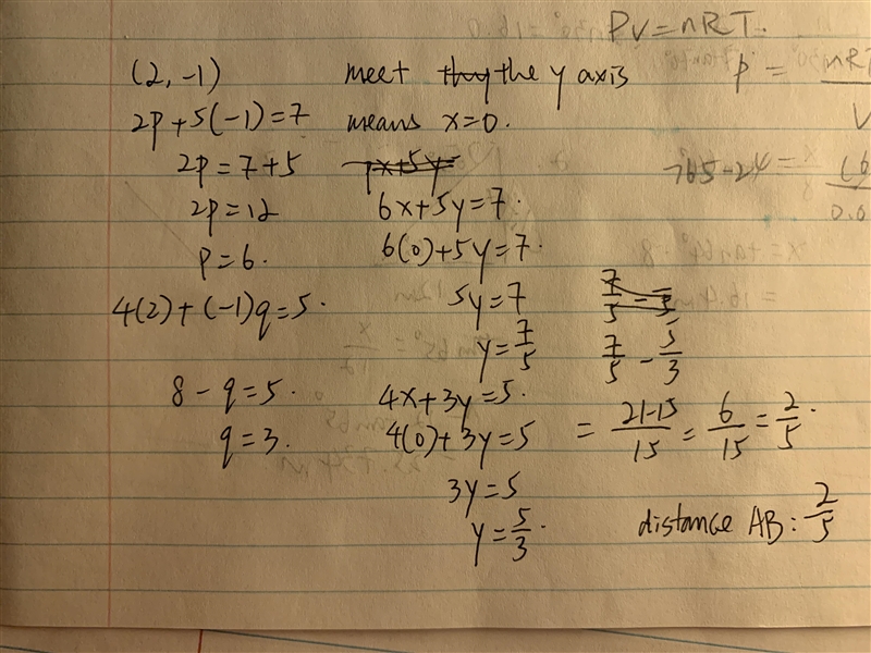 Find the values of the constants p and q if the lines px + 5y = 7 and 4x + qy = 5 meet-example-1