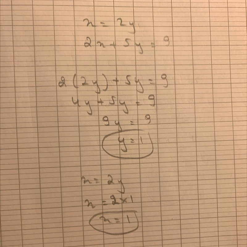 Solve the following system of equations using the substitution method x=2y 2x+5y=9​-example-1