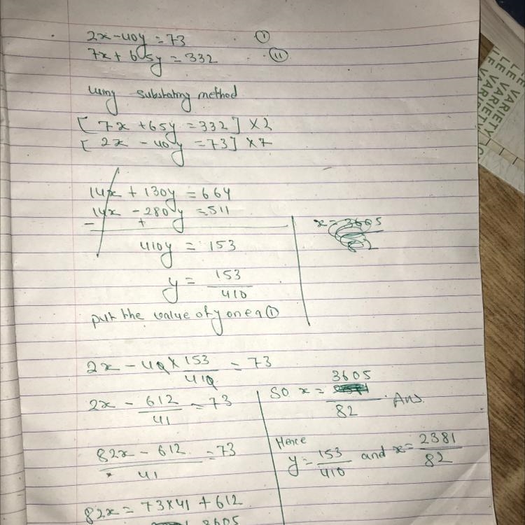 What is 2x-40y=73 and 7x+65y=332?-example-1