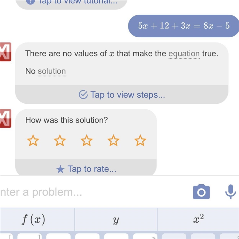 6) Solve: 5x + 12 + 3x = 8x - 5-example-1