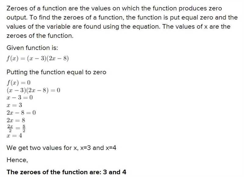 Enter the solutions from least to greatest. f(x) = (x – 3)(2x – 8)-example-1