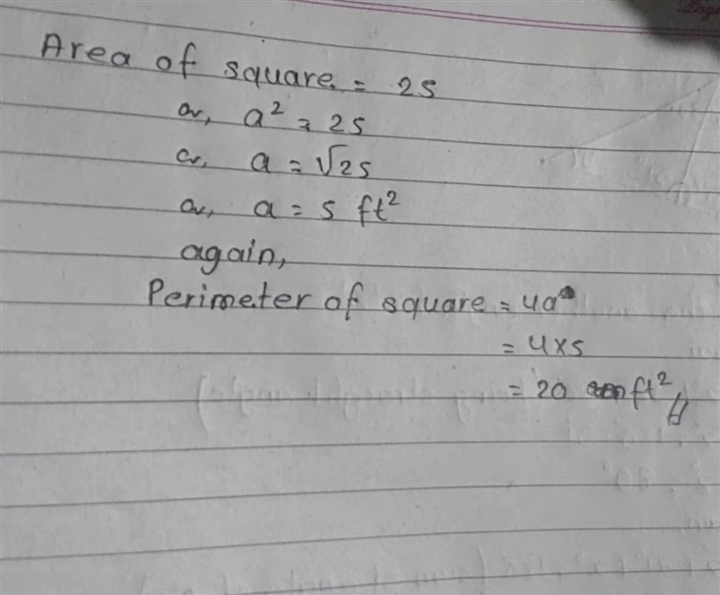 Given the area of each square, find the perimeter. Area = 25 square feet ​-example-1