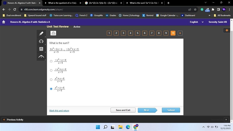 What is the sum? 3x^2-2x-1/x-5+-2x^2+x-5/x-5-example-1