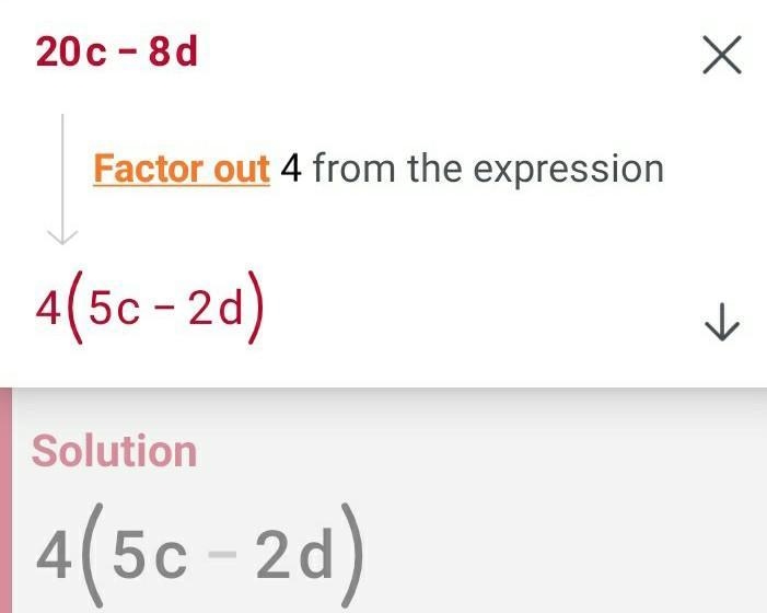 Which expression is equivalent to 20c – 8d? 2 (10c + 40) 4(50 - 8d) 4(50 – 2d) c(20 - 8d-example-1