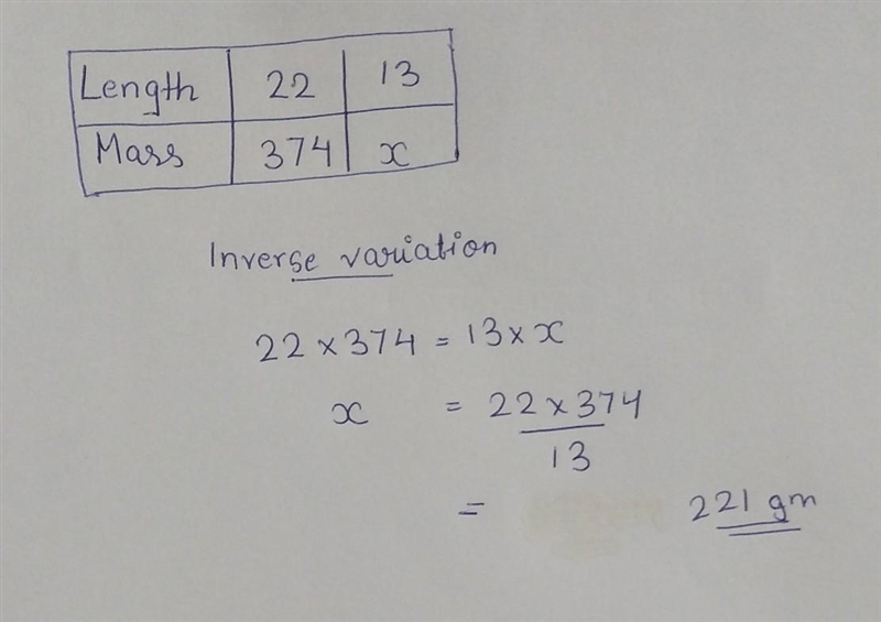 A wire 22 cm long has a mass of 374 g. What is the mass of 13 cm of this wire?-example-1