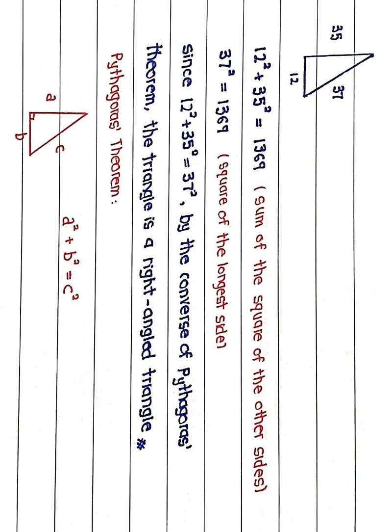 determine whether or not a triangle with side lengths 12, 35, and 37 is a right triangle-example-1