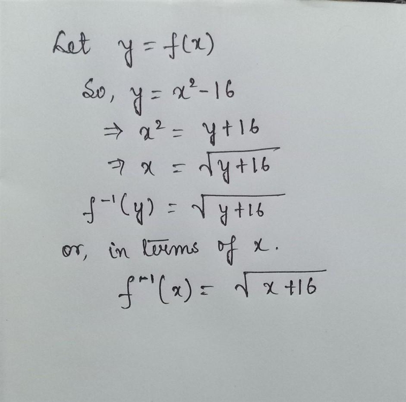 What's the inverse of ƒ(x) = x2 – 16?-example-1