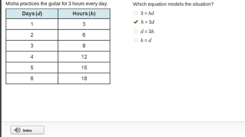 Misha practices the guitar for 3 hours every day. A 2-column table with 6 rows. Column-example-1