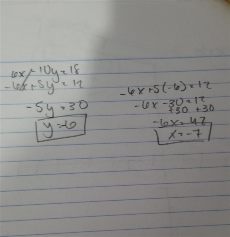 6X – 10y = 18 -6x + 5y = 12 solve by elimination show your work-example-1