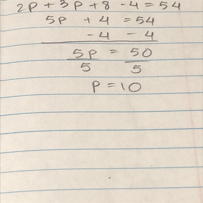 Solve the following equations 2p + 3p + 8 - 4 = 54-example-1