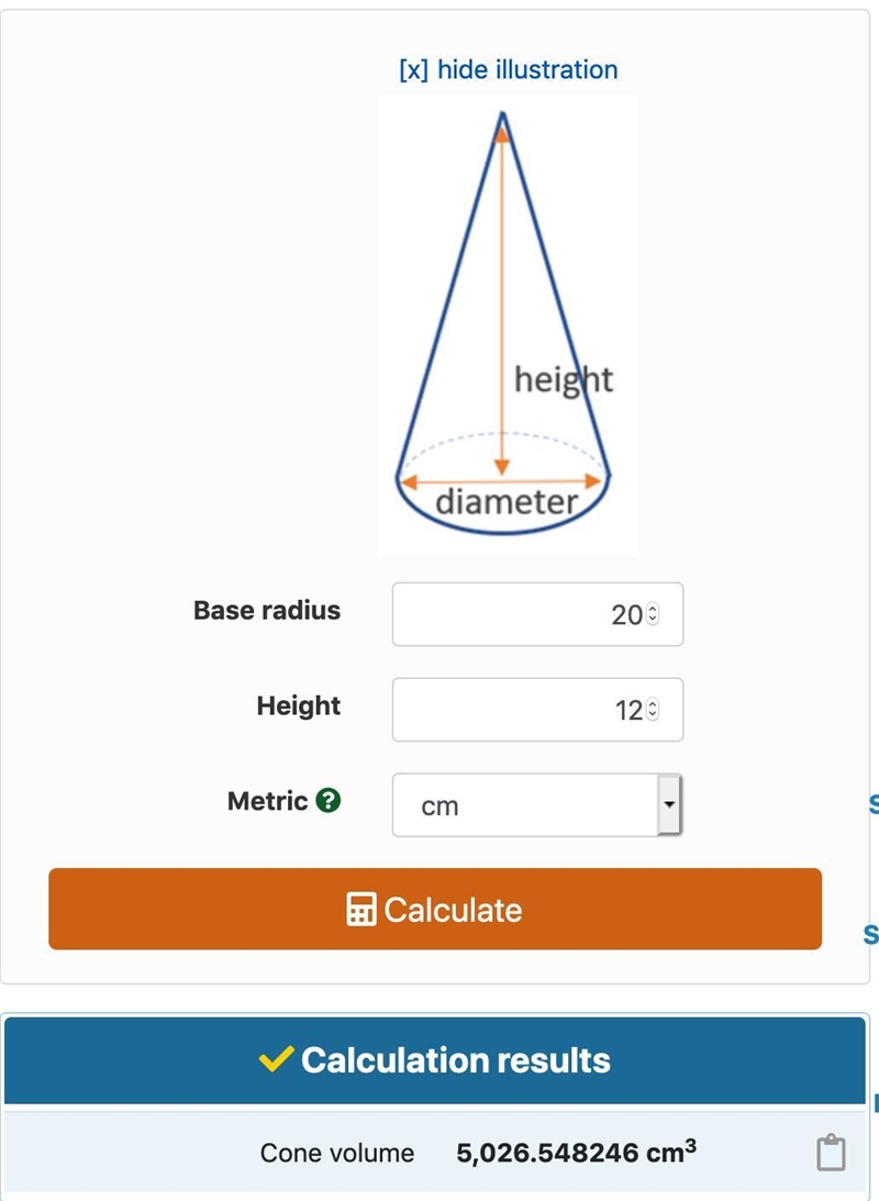 A cone has a diameter of 20cm and a height of 12cm, what is the volume of the cone-example-1