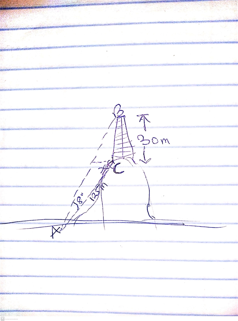 A water tower 30 m tall is located at the top of a hill. From a distance of D = 125 m-example-1