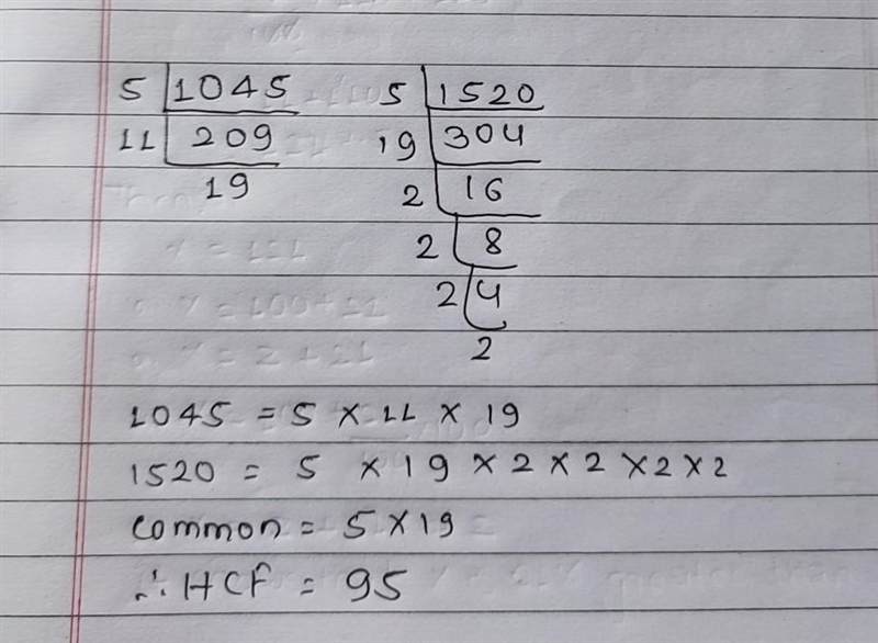 Find the HCF of 1045 and 1520 by long division. Method​ plsss-example-1