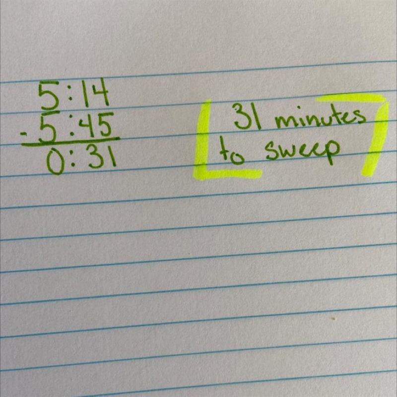 Joseph began sweeping the living room floor at 5:14 P.M. He finished at 5:45 P.M. How-example-1