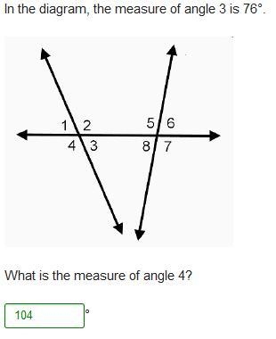 In the diagram, the measure of angle 3 is 76°. A transversal intersects 2 lines to-example-1