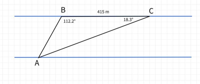 To find the distance AB across a river, a distance BC of 415 m is laid off on one-example-1