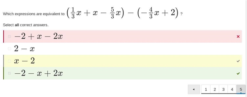 Which expressions are equivalent to (13x+x−53x)−(−43x+2) ?-example-1