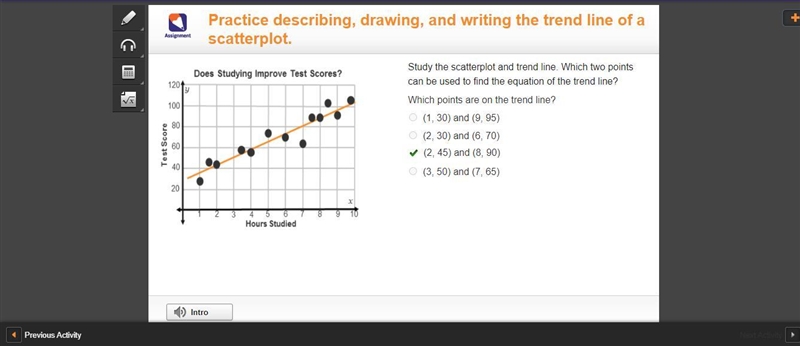 Study the scatterplot and trend line. Which two points can be used to find the equation-example-1