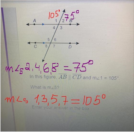 1 2 B 4 3 5 6 С 8 7 D In this figure, AB | CD and m_1 = 105° What is m25? Enter your-example-1