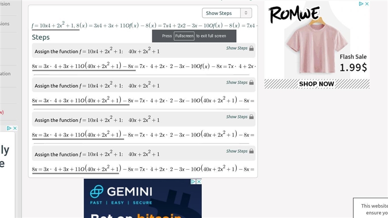 Subtract the polynomials: (1 Point) f(x) = 10x4 + 2x² +1; 8 (x) = 3x4 + 3x + 11 O-example-1