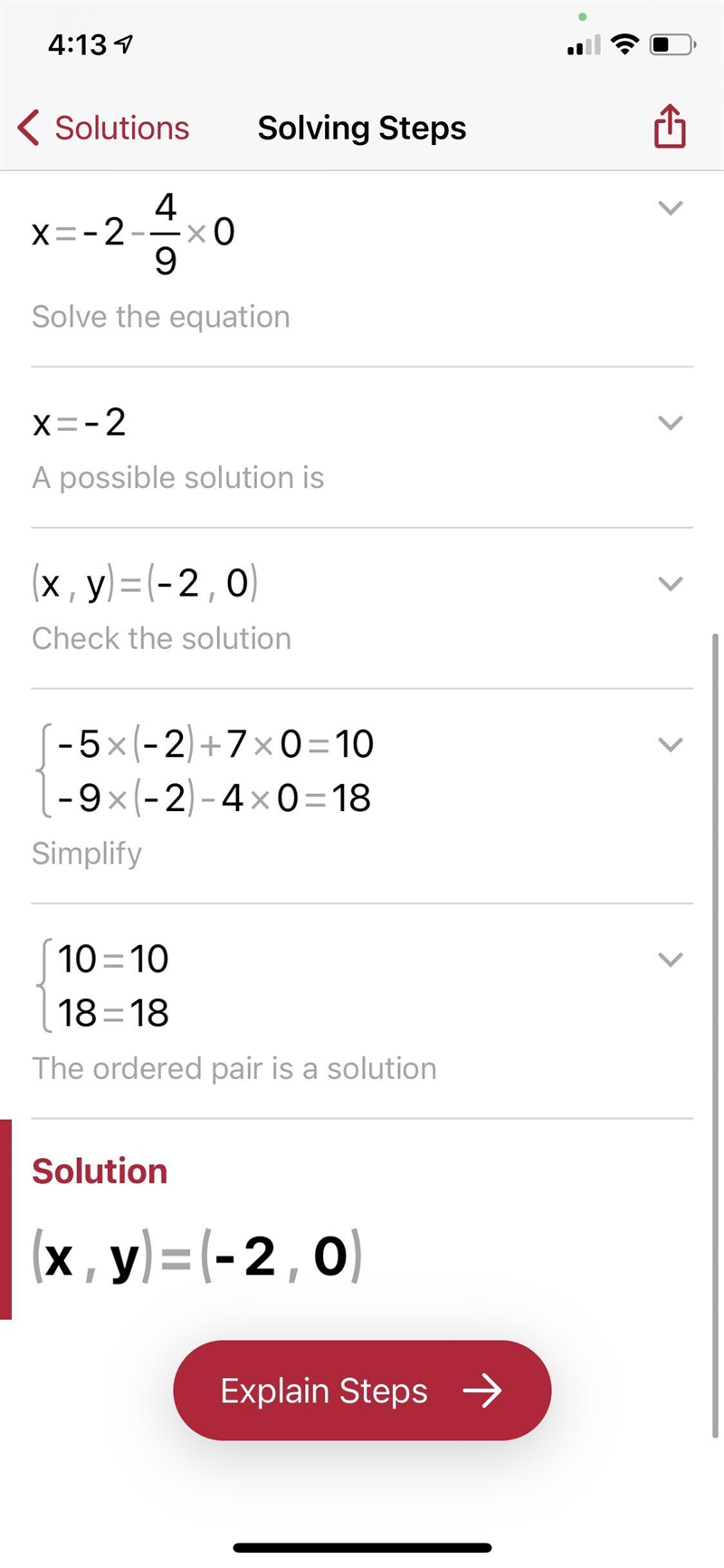 Solve the following system using any method. −5x+7y=10 −9x−4y=18-example-1