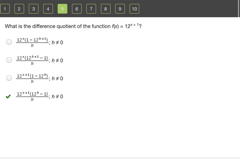 What is the difference quotient of the function f(x)=12^x+1 ?-example-1