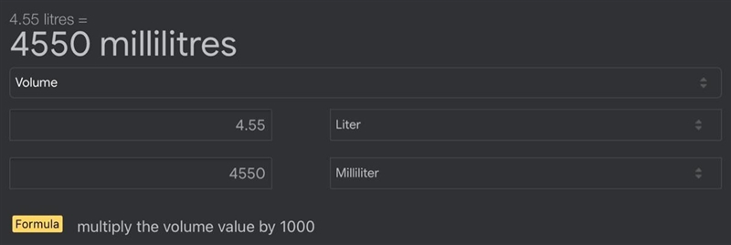 How many millitiers are in 4.55 liters?-example-1