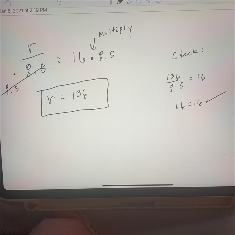 Will give brailest Solve the following equation to find the value of r? r/8.5=16-example-1