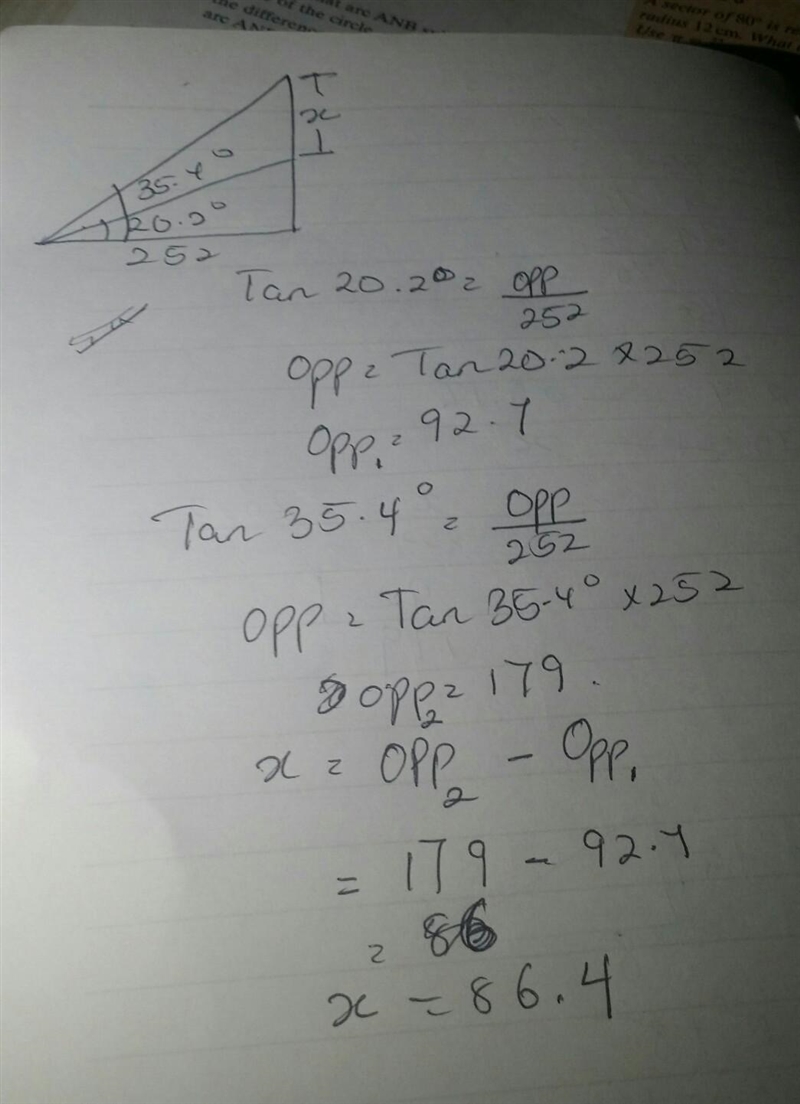 Find x in the diagram below. T 1 35.4° 20.2° 252​-example-1