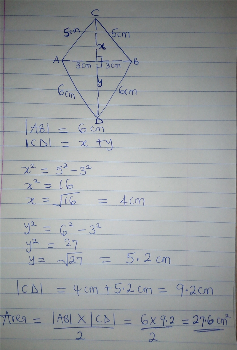 A kite is formed by an equilateral triangle with sides 6 cm and an isosceles triangle-example-1