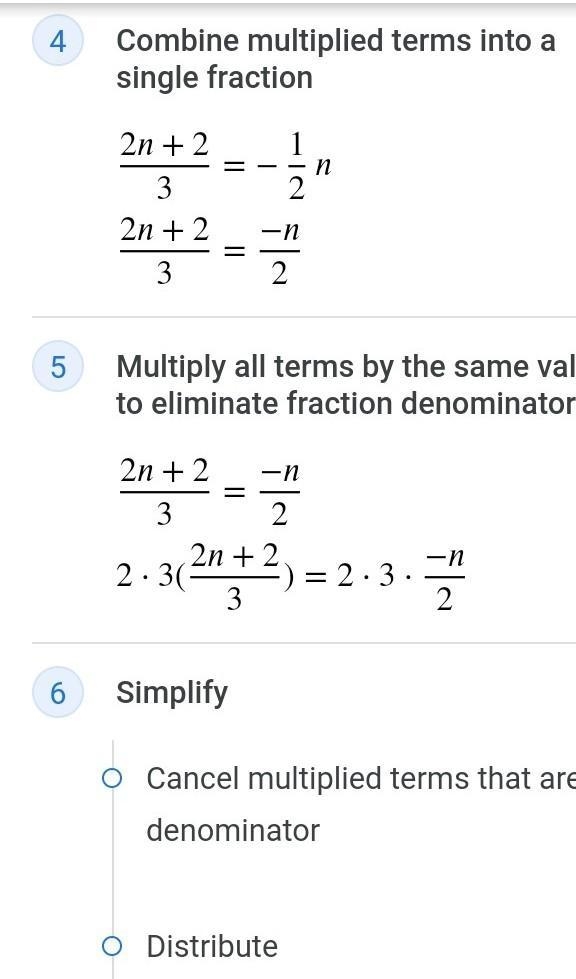 Solve for n. 2/3(1+n)=-1/2n-example-2