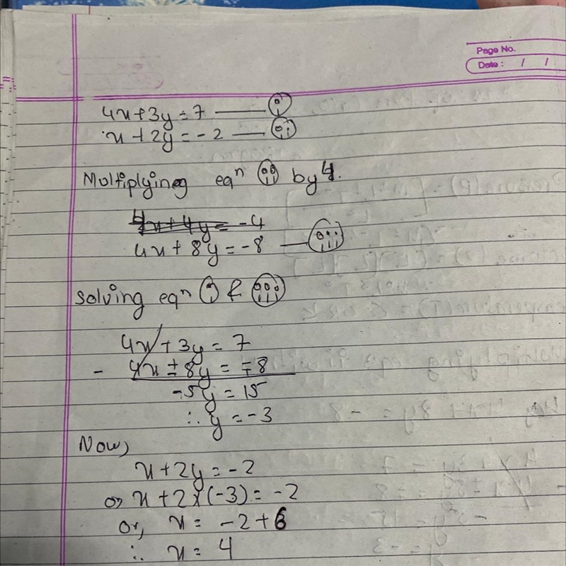 What is the y value in solution the following system? 4x+3y=7 X+2y=-2 (Worth 10 points-example-1