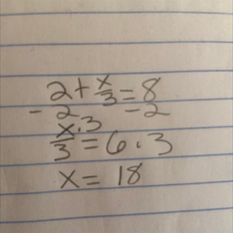 Two more than the quotient of a number and 3 is equal to 8.-example-1