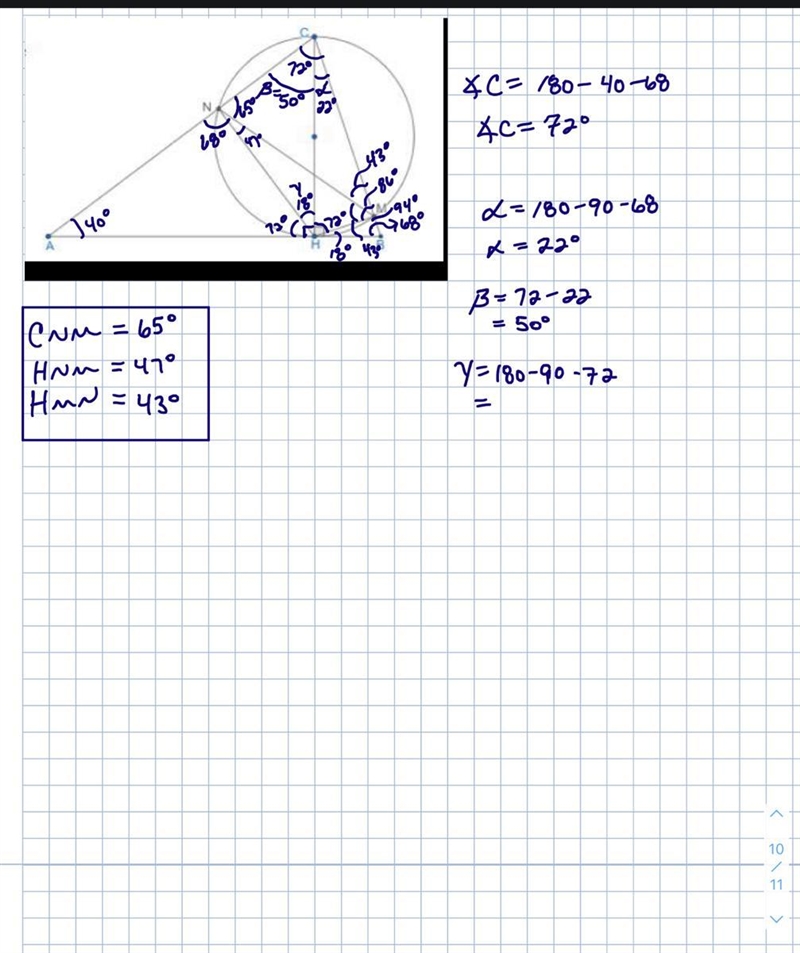 CH is an altitude of the triangle ABC, m∠A = 40°, m∠B = 68°. The circle with the diameter-example-1