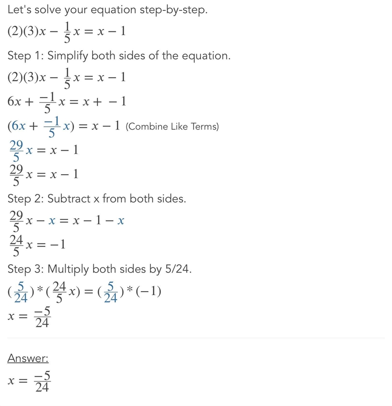 Solve this equation. \large \frac{2}{3}x-\frac{1}{5}x=x-1-example-1