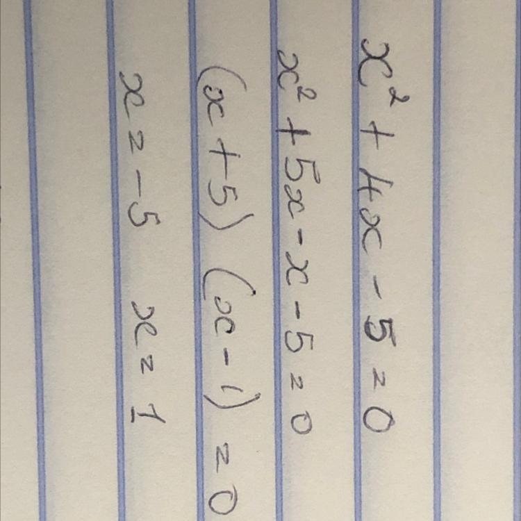 What are the solutions to the equation x2 + 4x - 5 = 0? a. 1 and -5 b. -1 and 5 c-example-1