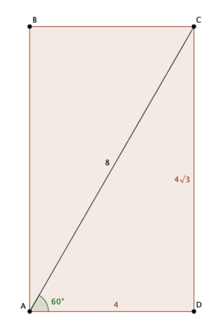 4. A rectangle has a diagonal of 8 cm. The diagonal creates a 60° angle at the base-example-1