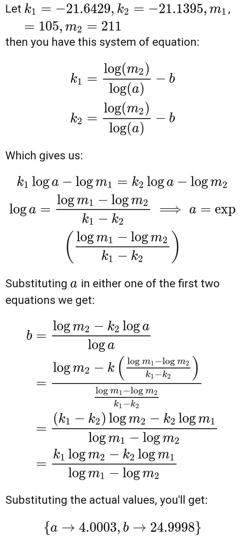 A mathematical model for a function is y = log_(a)(x - b) if y = -21.6429 when x = 105 and-example-2