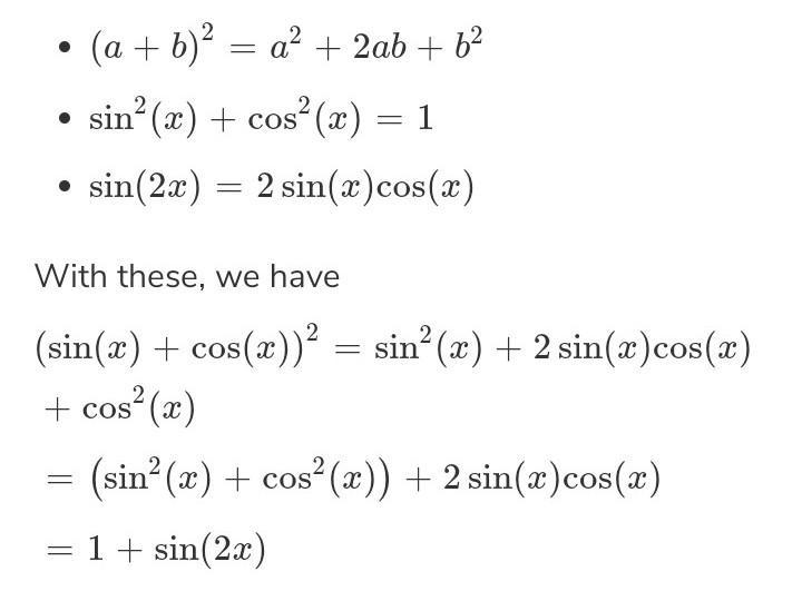 Prove that sin x + cos x the whole square is equal to 1 + sin 2x​-example-1