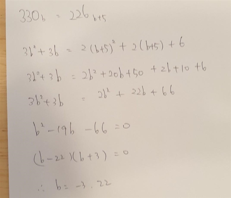 50.) Find the value of b so that 330_b = 226_b+5 URGENT-example-1